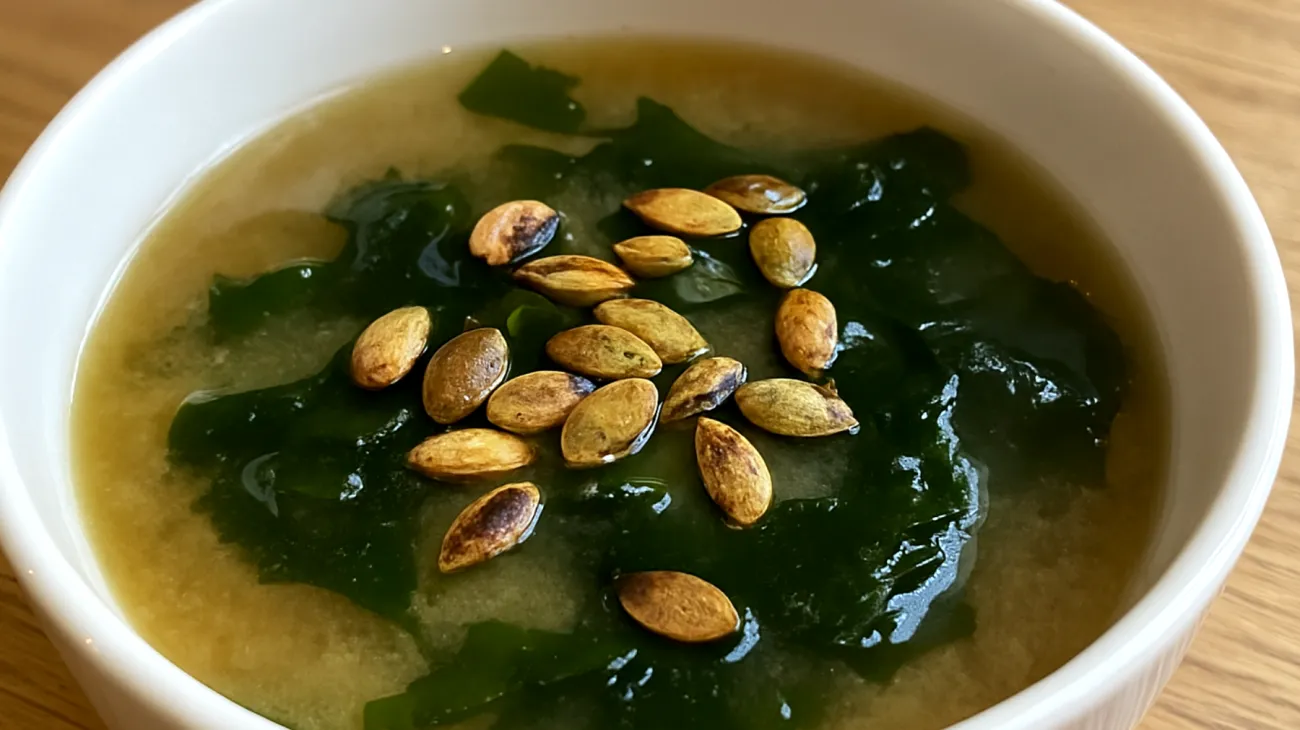 Miso-Suppe mit Wakame-Algen und gerösteten Kürbiskernen"