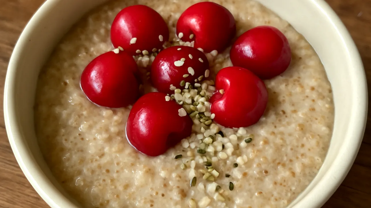 Amaranth-Quinoa-Pudding mit Kirschen und Hanfsamen"