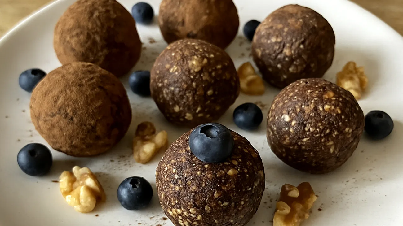 Buchweizen-Blaubeer-Energiebällchen mit Walnüssen und Kakao"