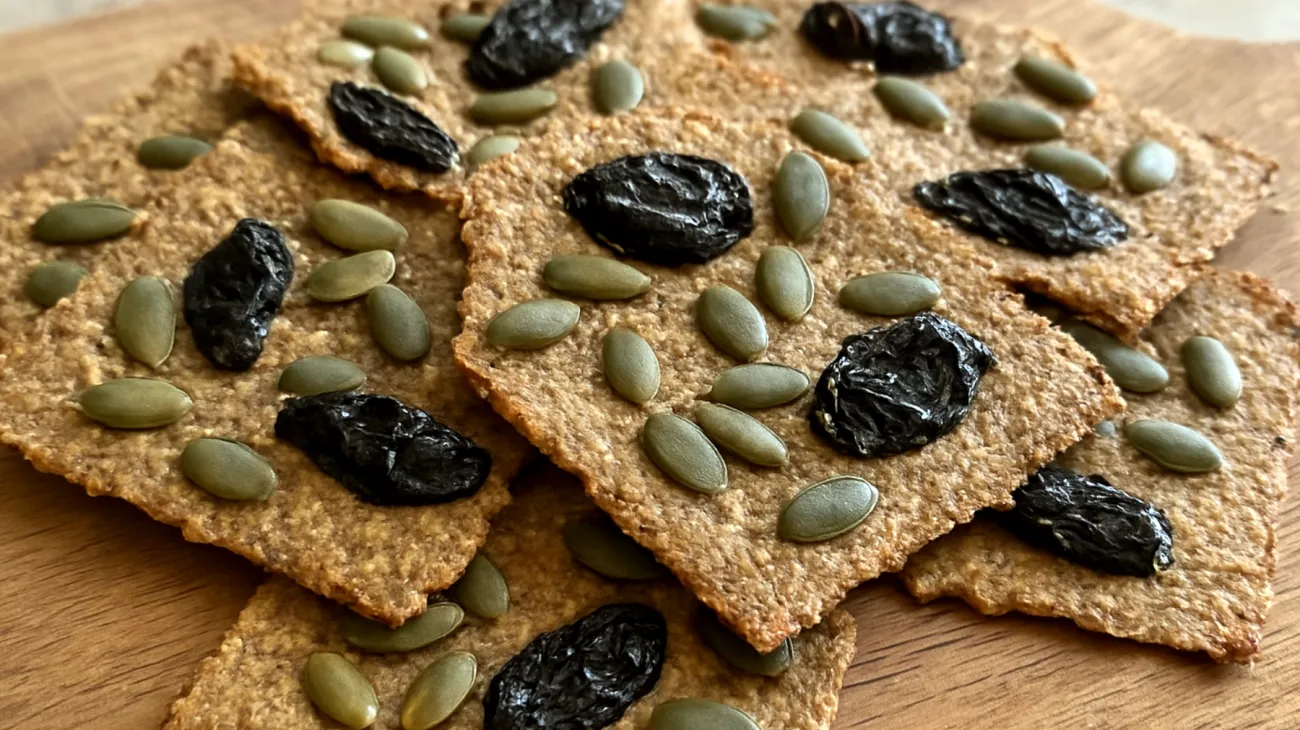 Flohsamenschalen-Cracker mit Kürbiskernen und getrockneten Pflaumen"