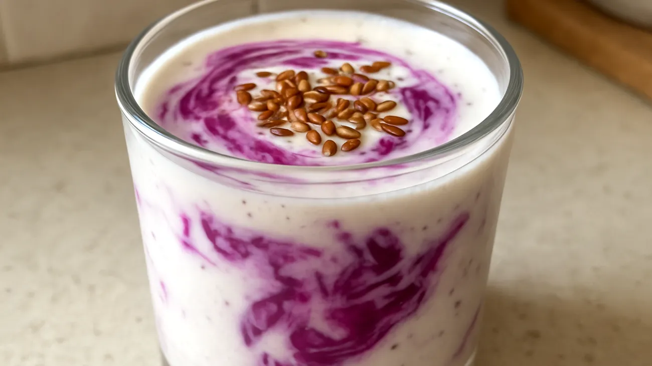 Kefir-Smoothie mit fermentiertem Rotkohl und Leinsamen"
