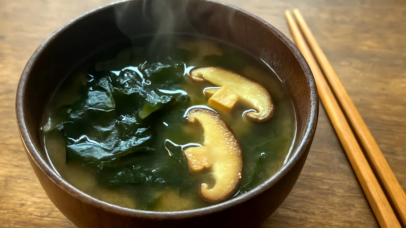 Miso-Suppe mit Wakame-Algen und Shiitake-Pilzen"