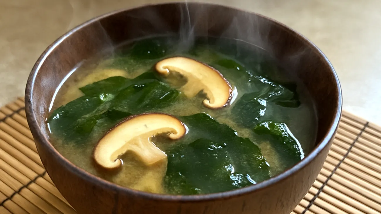 Miso-Suppe mit Wakame-Algen und Shiitake-Pilzen"