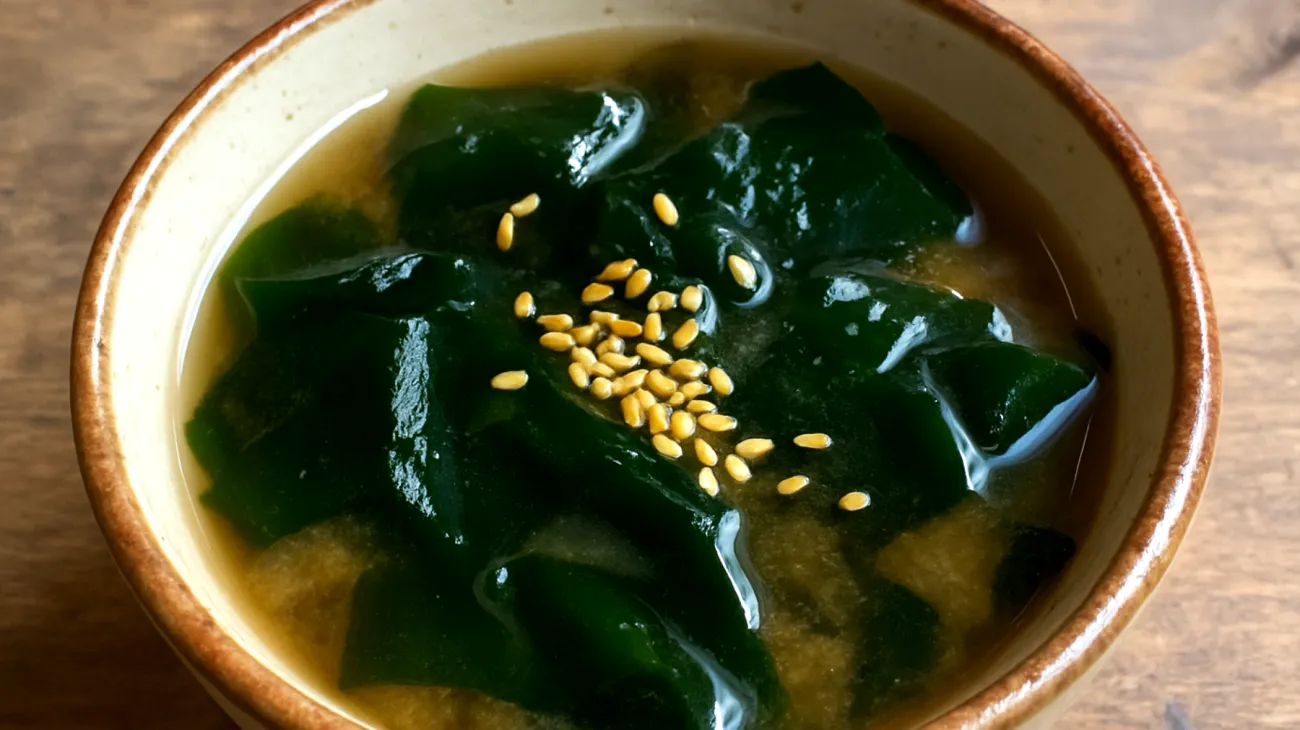 Miso-Suppe mit Wakame-Algen und geröstetem Sesam"