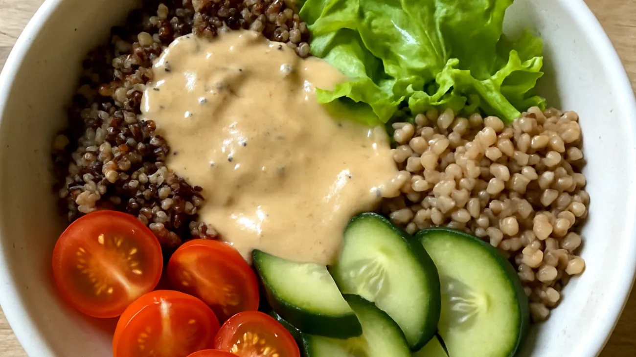 Quinoa-Buchweizen-Bowl mit Tahini-Miso-Dressing"